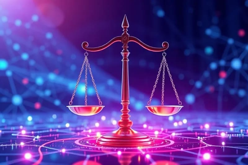 Representación abstracta de marcos legales y redes digitales interconectadas, con símbolos de justicia brillando.