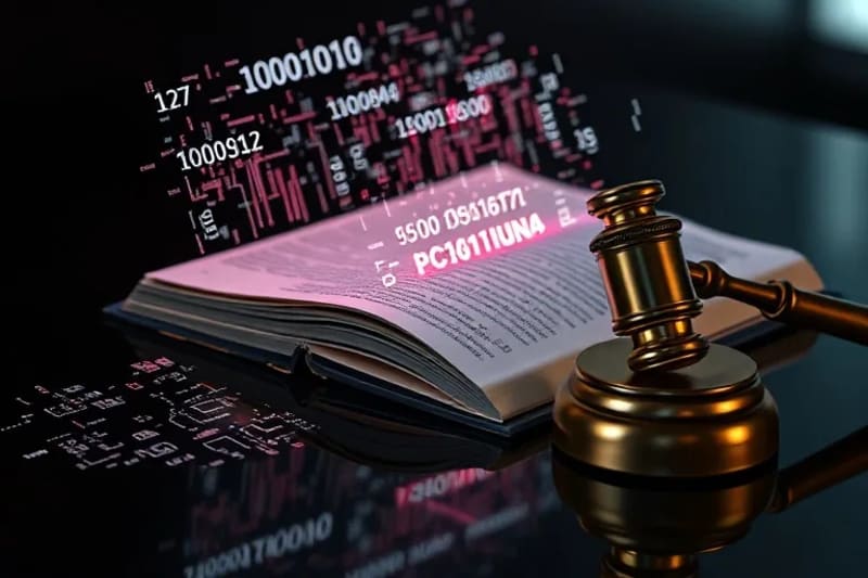 Bodegón conceptual de un libro de leyes digitalizado, código binario y un casco de realidad virtual, con un mazo digital.