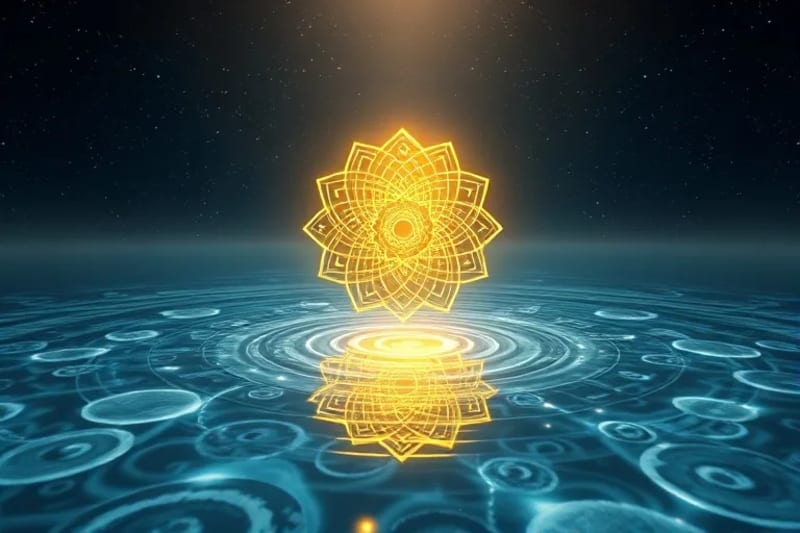 Golden spiral emerging from water, symbolizing Fibonacci sequence