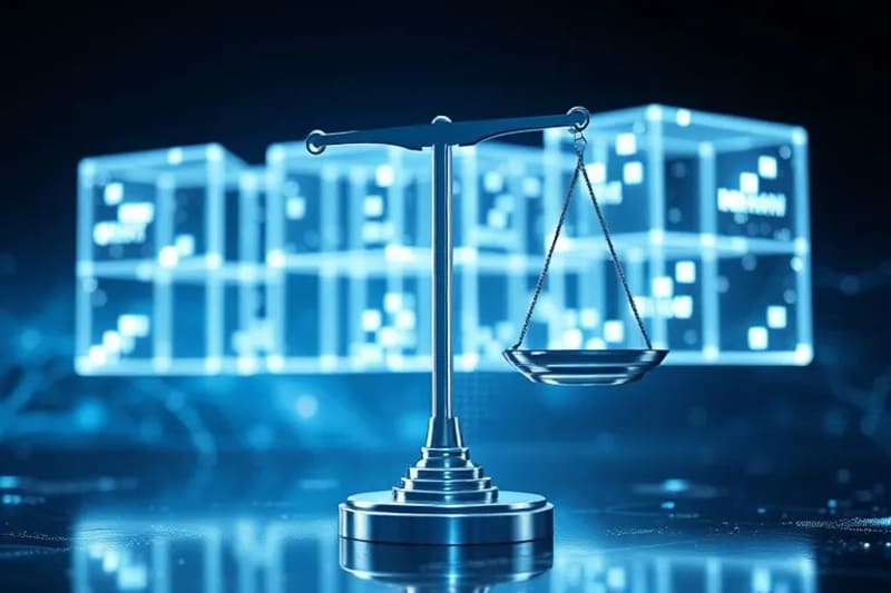Render 3D de bloques transparentes y brillantes que representan activos financieros interconectados, con una balanza digital.