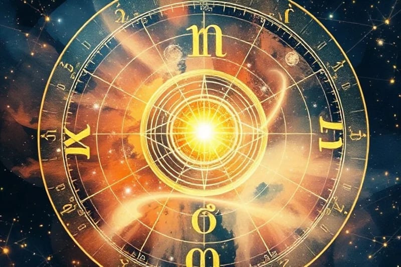 Pintura acuarela de hilos de luz interconectados alrededor de un orbe central, simbolizando el karma y la evolución del alma.