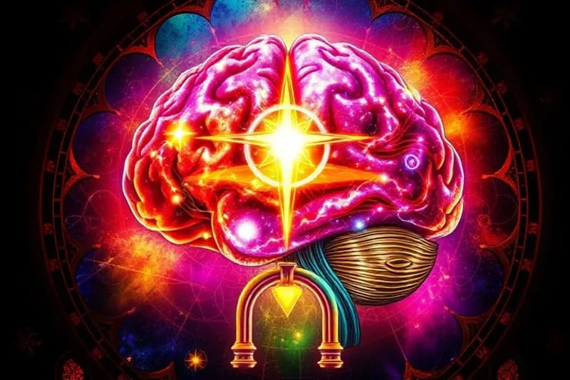 Cerebro estilizado con vías neuronales iluminadas y símbolos cósmicos