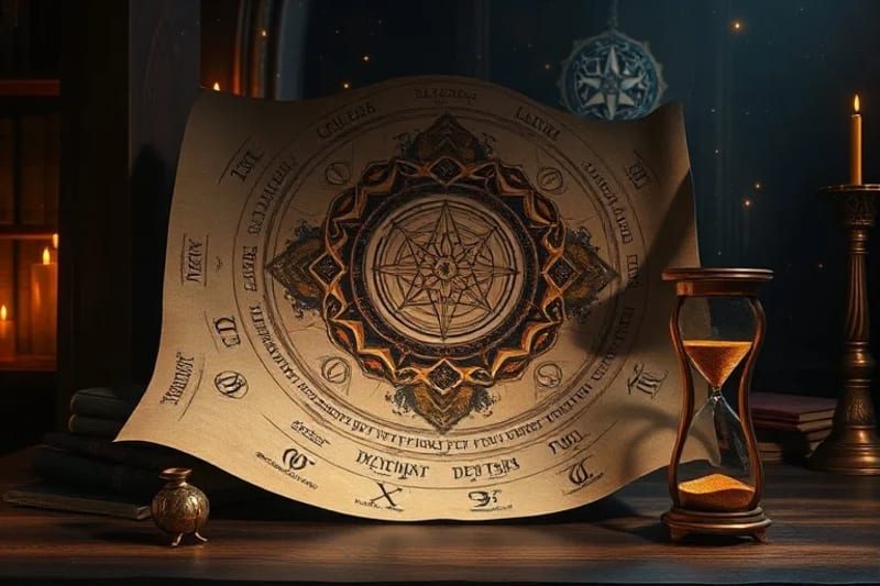 Pergamino antiguo con símbolos astrológicos y un reloj de arena, simbolizando el estudio del karma y el paso del tiempo.