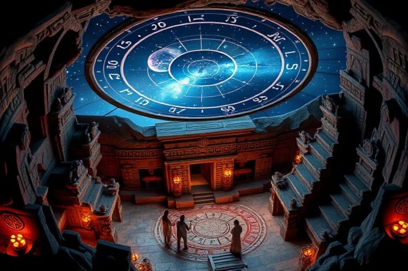Digital painting of ancient priests or astronomers observing stylized constellations and planetary alignments during a temple ritual