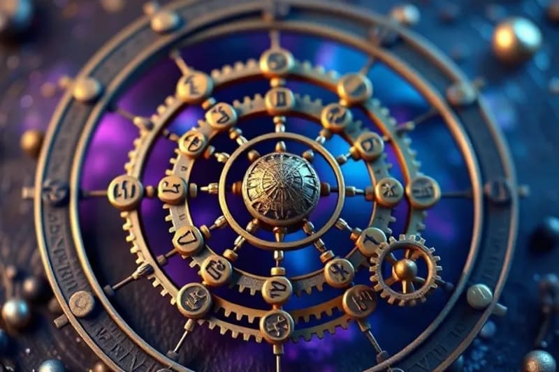 Abstract 3D render of interlocking cosmic gears and celestial spheres with subtle Mesoamerican glyphs, in deep blue, purple, and gold tones