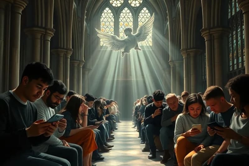 Personas de diversas edades absortas en dispositivos digitales, con una luz espiritual de fondo que simboliza protección