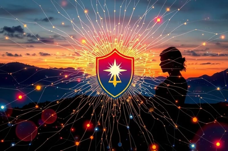 Representación conceptual de información digital caótica y ordenada, con un escudo protector central