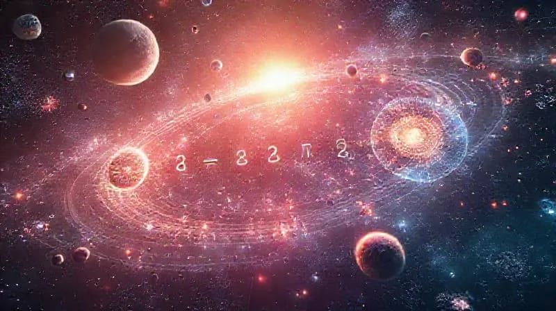 Abstract depiction of the Drake Equation components, symbolizing stars, planets, life, and intelligence in a cosmic flow.