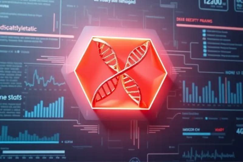 Representación 3D de una doble hélice de ADN emergiendo de una interfaz digital con datos de salud