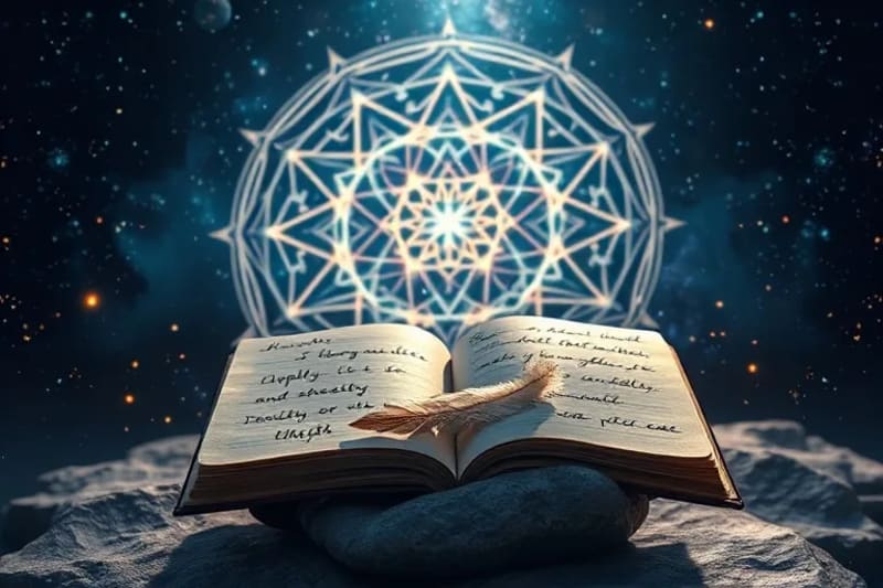 A conceptual still-life featuring a crystal grid radiating subtle light, a journal open to affirmations, and a feather, symbolizing manifestation and healing practices.