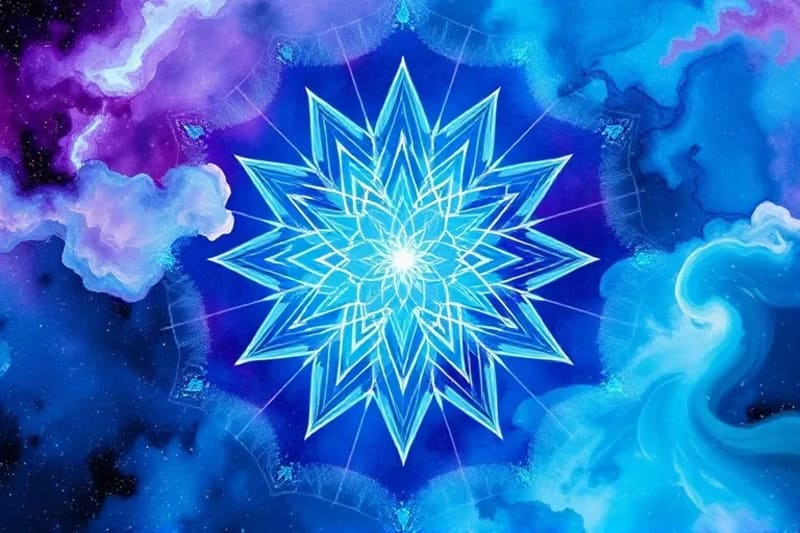 Abstract watercolor painting with swirling blues, purples, and greens, interspersed with subtle geometric patterns, symbolizing the dynamic flow of subtle energy and transformation.