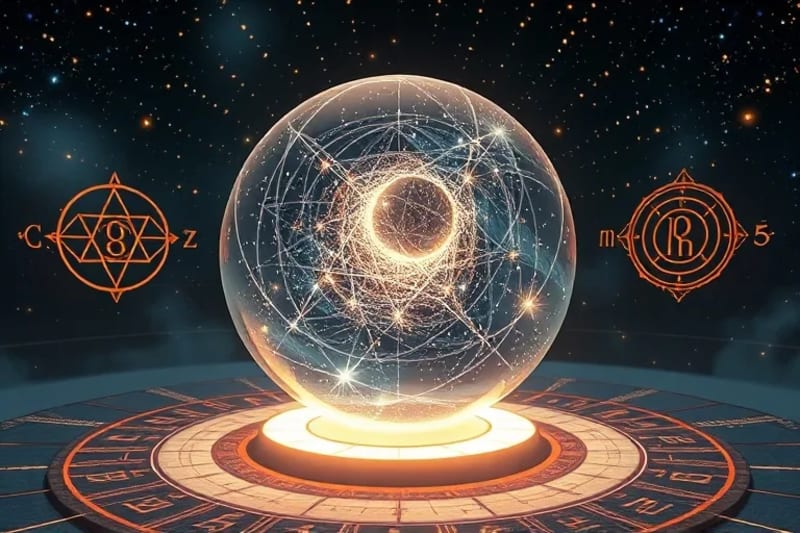 Conceptual 3D render of a crystal sphere filled with swirling data and geometric shapes, surrounded by holographic symbols.
