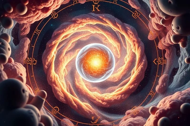 Representación abstracta de un vórtice cósmico con energías zodiacales y una esfera central luminosa