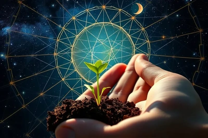 Human hand nurturing a seedling with cosmic light patterns
