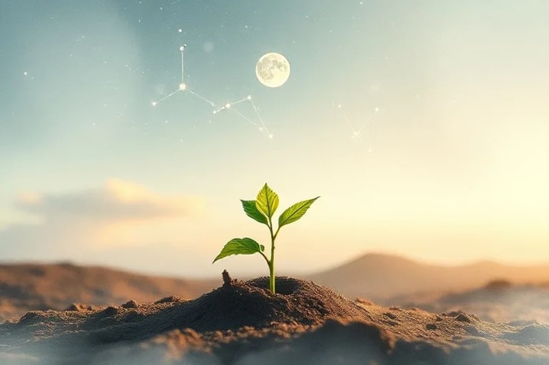Una delicada planta germinando bajo la luz tenue de una luna nueva, simbolizando nuevos comienzos.