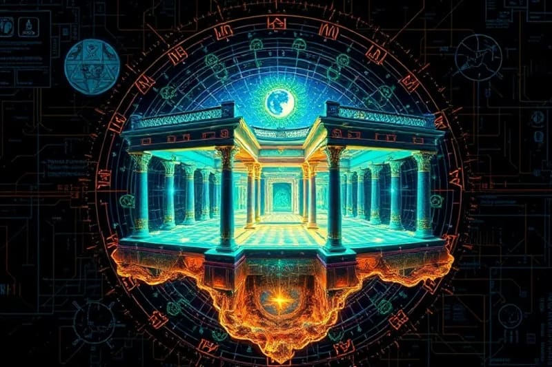 Diagram of a sacred structure showing internal energy flows, ley lines, and lunar mansion symbols integrated into its design.