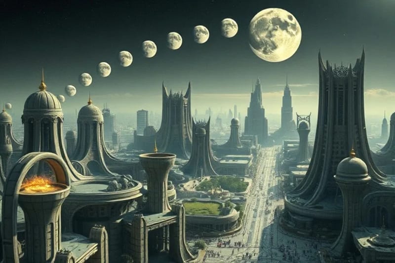Conceptual modern urban landscape integrating geomantic principles and subtle lunar mansion alignments with organic architecture.