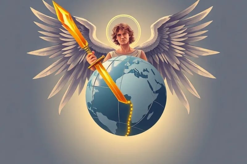 Representación de un arcángel con espada, simbolizando la intervención divina en conflictos