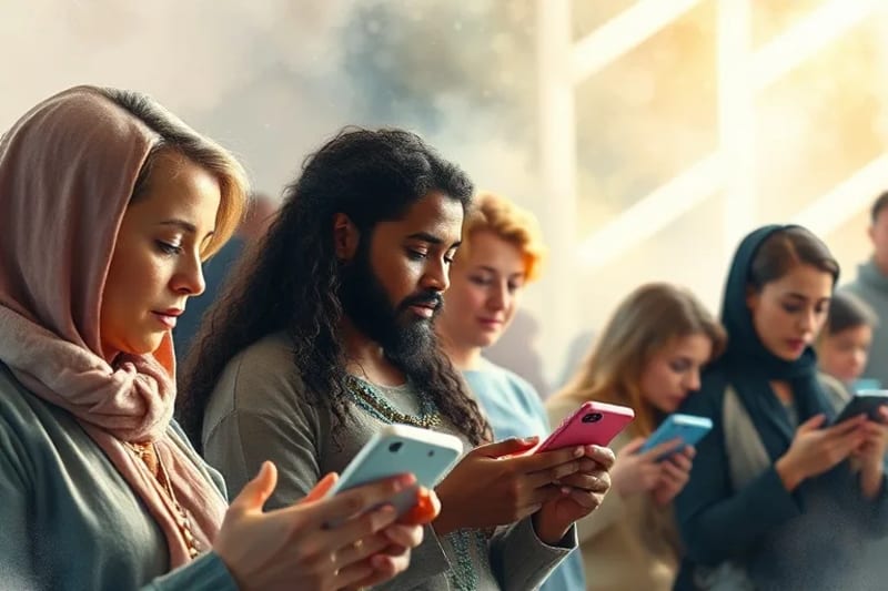 Personas de diversas edades interactuando con dispositivos móviles, con una luz etérea que sugiere reflexión espiritual.