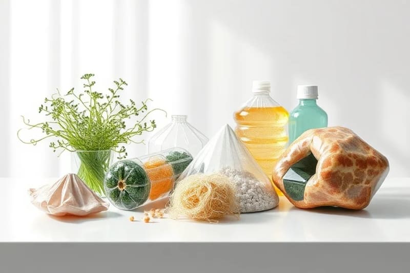 3D render of innovative sustainable materials like mycelium and recycled plastics.