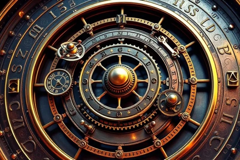 Stylized clockwork mechanism intertwined with astrological glyphs and planetary orbits, made of polished brass and silver, with golden light.