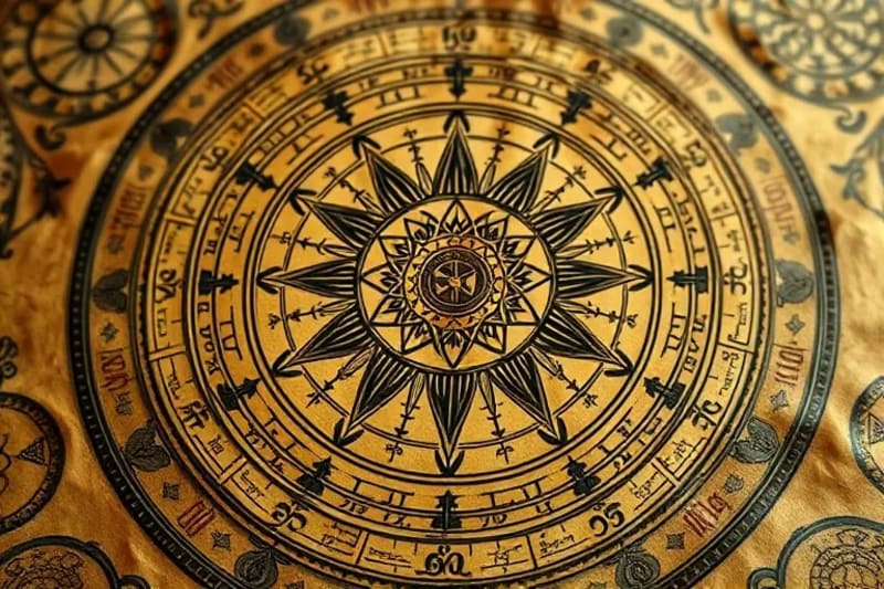 Ancient, weathered astrolabe resting on aged parchment with astrological charts and calculations, metallic surface reflecting light, emphasizing engravings.