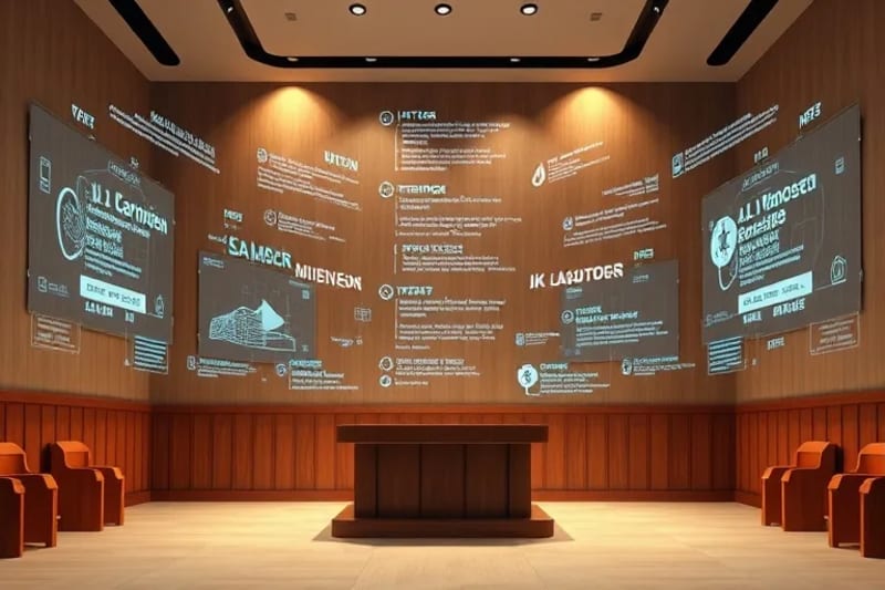Juzgado futurista con proyecciones holográficas de código y leyes