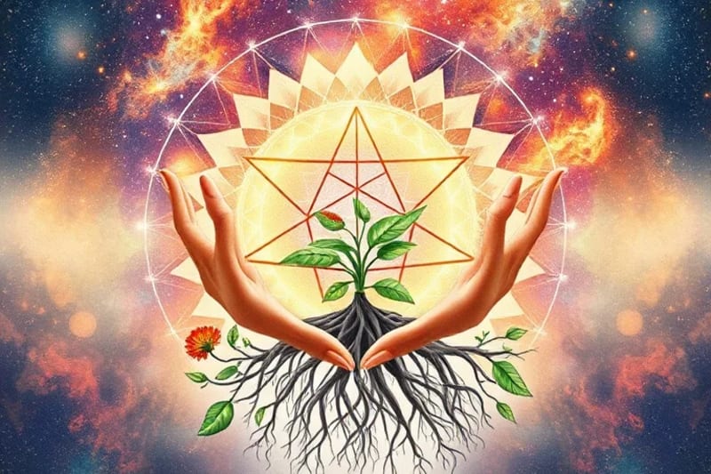 Ilustración de raíces de plantas entrelazadas con manos humanas, conexión profunda con la tierra.