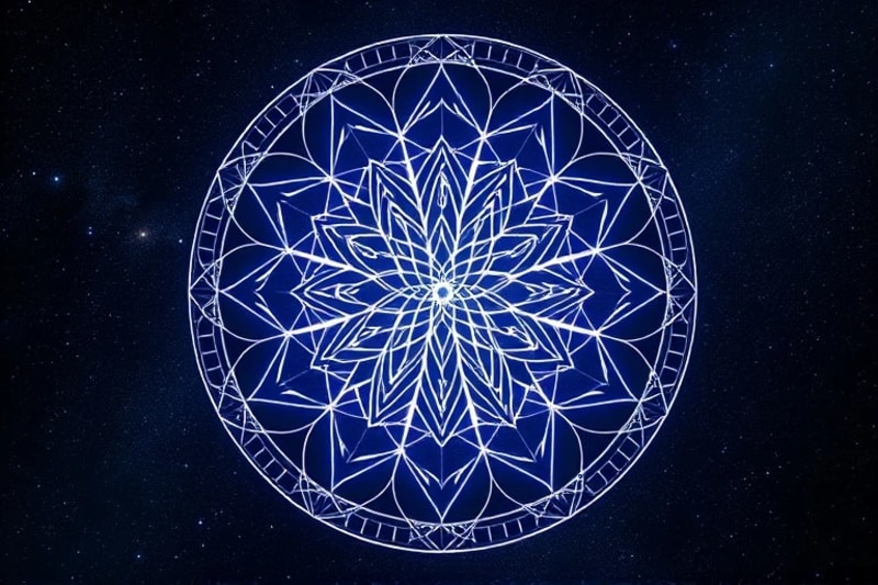Abstract Bagua map with Flower of Life pattern, showing energetic flow