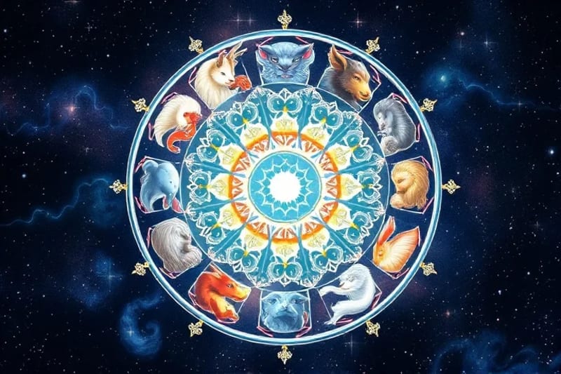 Watercolor depiction of twelve Chinese Zodiac animals with elemental symbols