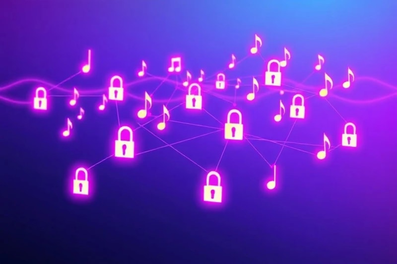 Diagrama conceptual de propiedad musical descentralizada y redes de artistas.