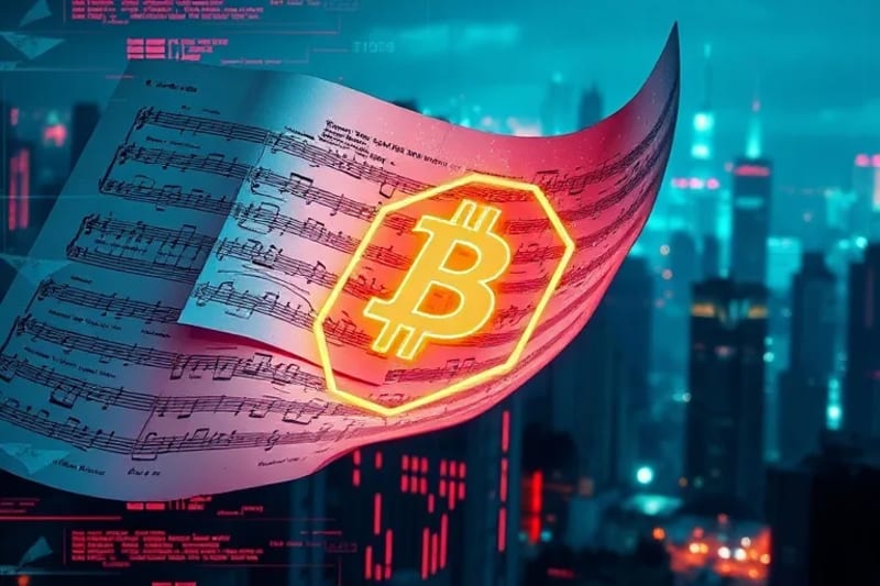 Símbolo de contrato inteligente sobre partituras musicales desintegrándose digitalmente.