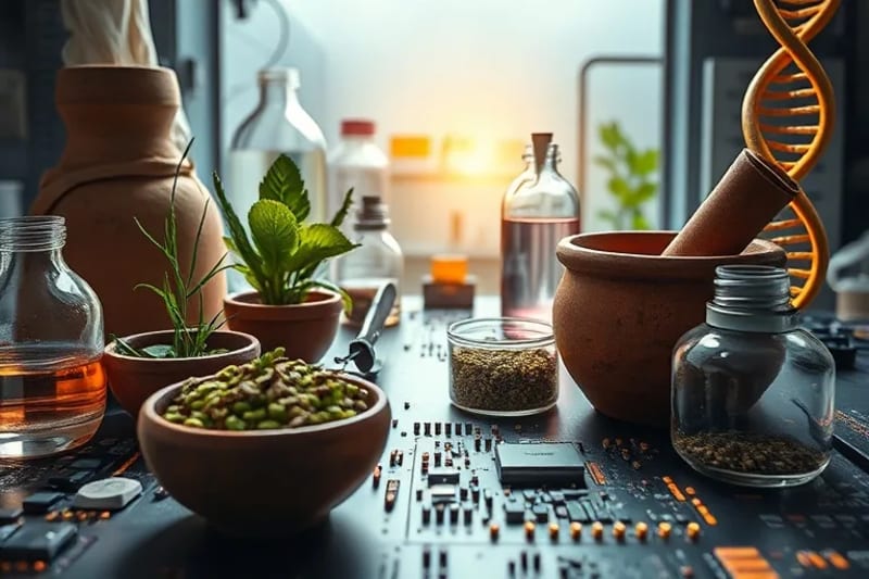 Digital painting showing ancient clay pots with herbs merging with modern laboratory equipment and a DNA helix, symbolizing the fusion of traditional and scientific medicine.