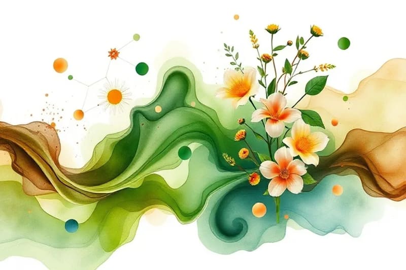 Abstract watercolor painting depicting vibrant, flowing colors of green, brown, and blue, with subtle floral accents, symbolizing the natural healing power and complex chemistry of plants.