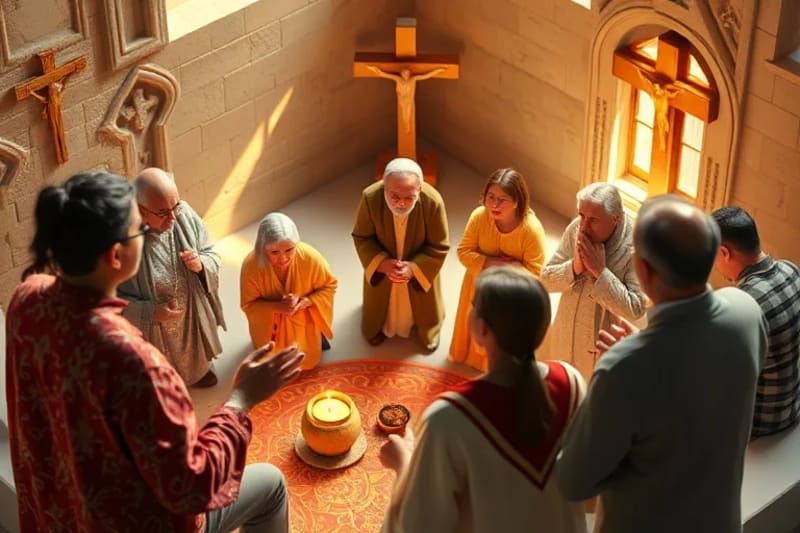 Comunidad diversa orando en unidad con símbolos cristianos