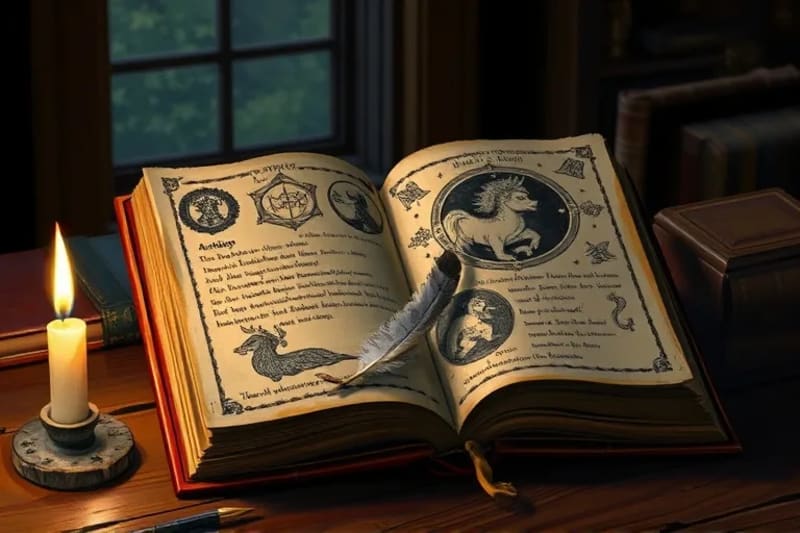 Open book of dream symbols with candle and feather