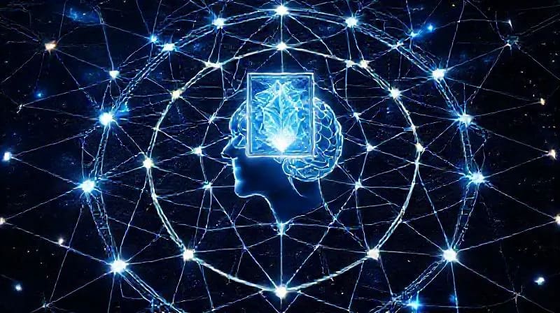 Abstract geometric shapes connecting brain to tarot card