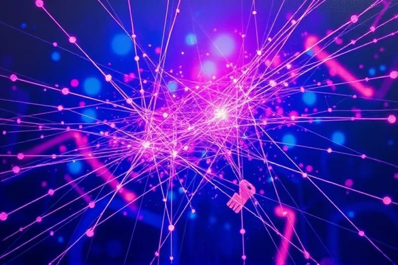 Representación abstracta de intercambio de claves criptográficas cuánticas, con partículas entrelazadas como líneas brillantes en una red segura.