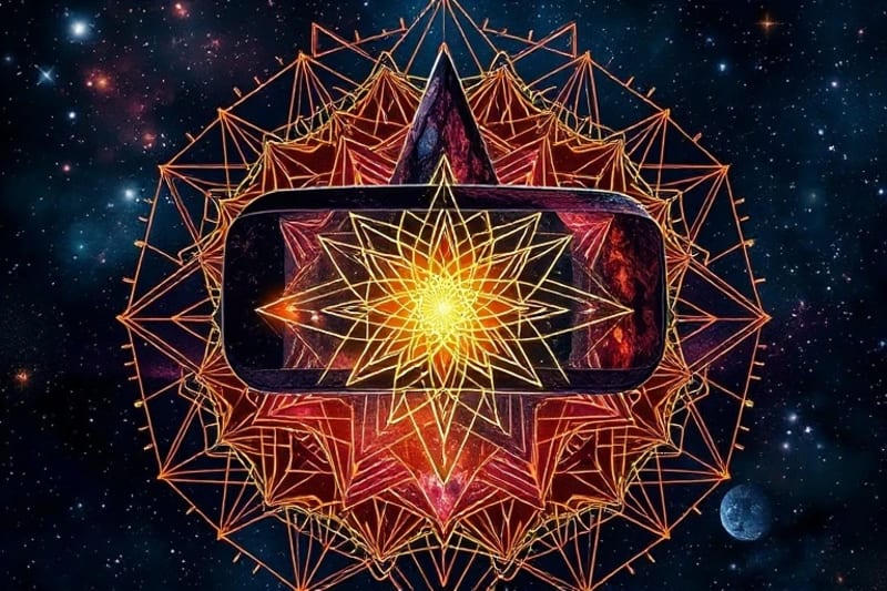 VR headset intertwined with sacred herbs, crystals, and glowing energy orb