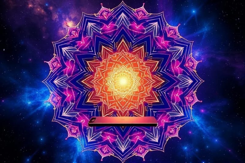Sound waves and light frequencies from device interacting with human aura