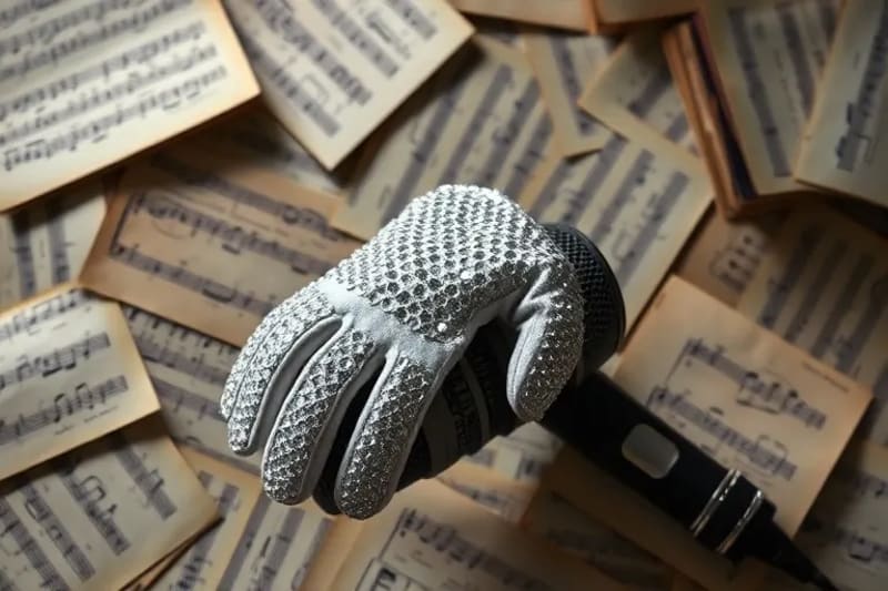 Bodegón conceptual de un guante blanco con lentejuelas sobre un micrófono vintage