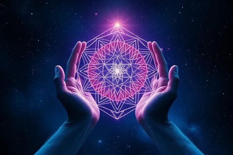 Abstract digital painting of two cosmic hands touching, symbolizing a soul contract