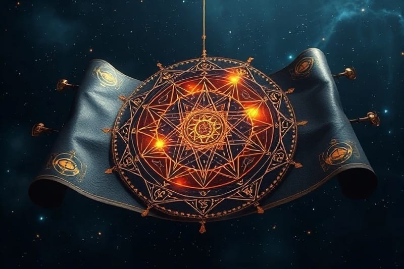 Conceptual 3D render of an ancient scroll with glowing astrological symbols and karmic threads