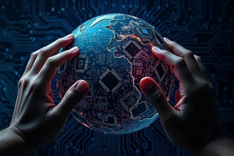 Pintura al óleo de un globo fragmentado con circuitos digitales y símbolos legales, con manos abstractas intentando unirlo, representando la complejidad de la jurisdicción global.