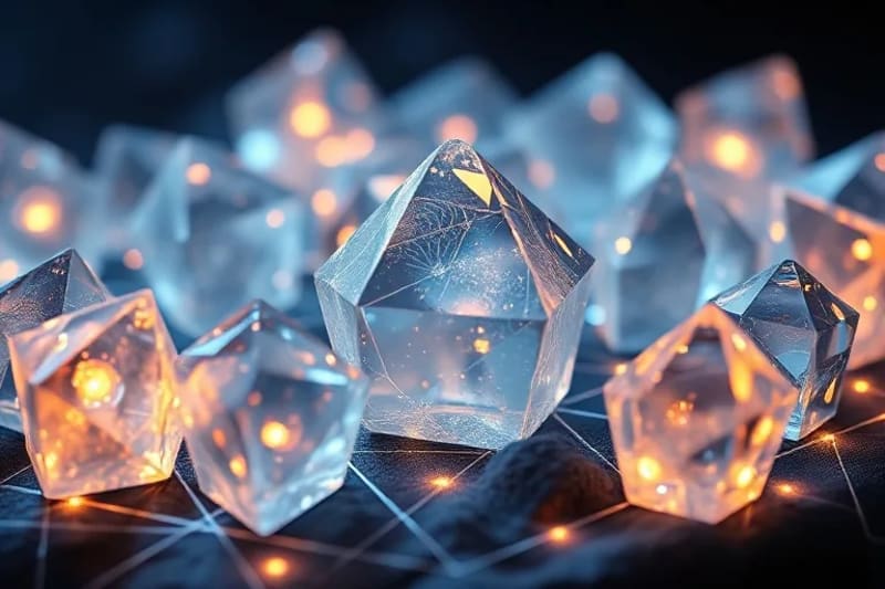 Close-up macro photography of a crystal grid with glowing laser-etched patterns