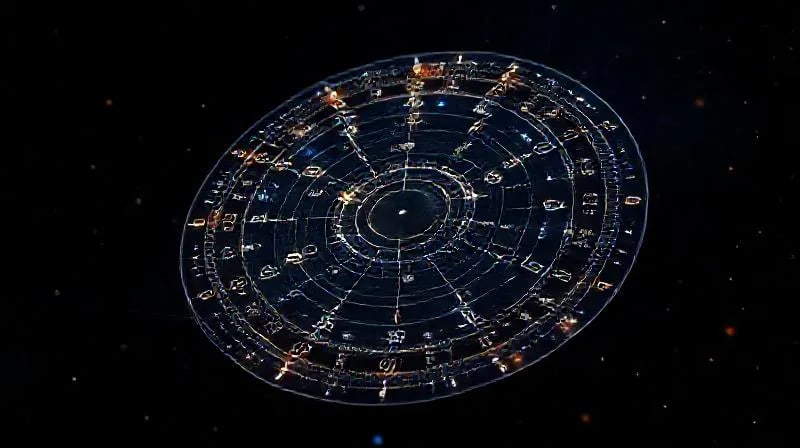 Proyección holográfica detallada de una carta natal astrológica en un espacio cósmico.