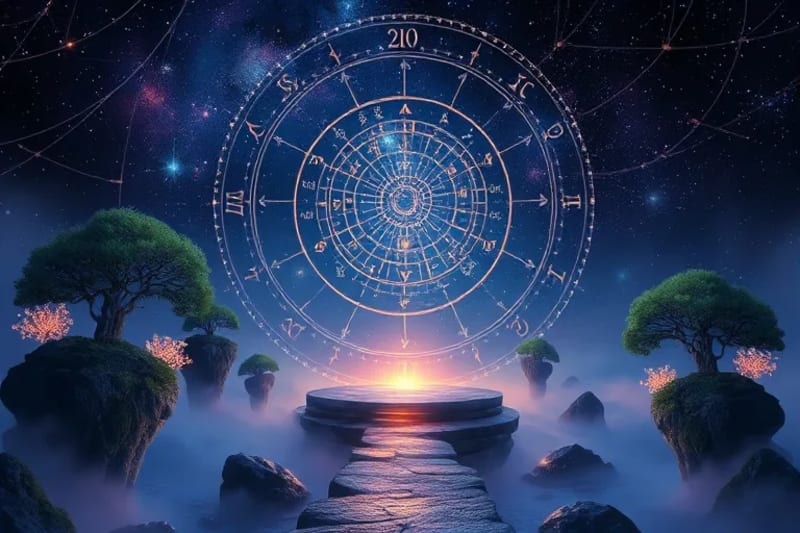 Paisaje virtual etéreo y sereno diseñado para la meditación, con islas flotantes y luces suaves.