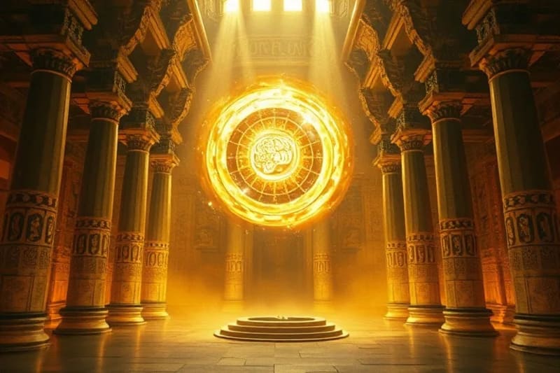 Hermetic Wisdom: Unlocking Universal Truths Ancient temple interior with glowing symbols and a luminous vortex, representing the universal mind and divine laws.