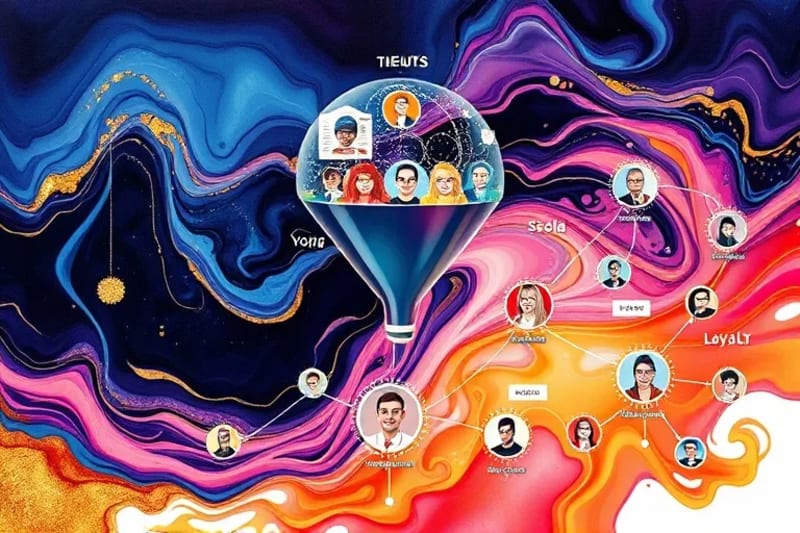 Infografía de un embudo de ventas y ciclo de vida del cliente con iconos de suscripción y soporte