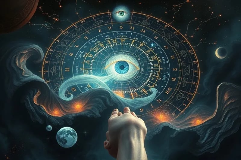 Paisaje onírico surrealista con formas abstractas y símbolos antiguos, un ojo intuitivo en el cielo.